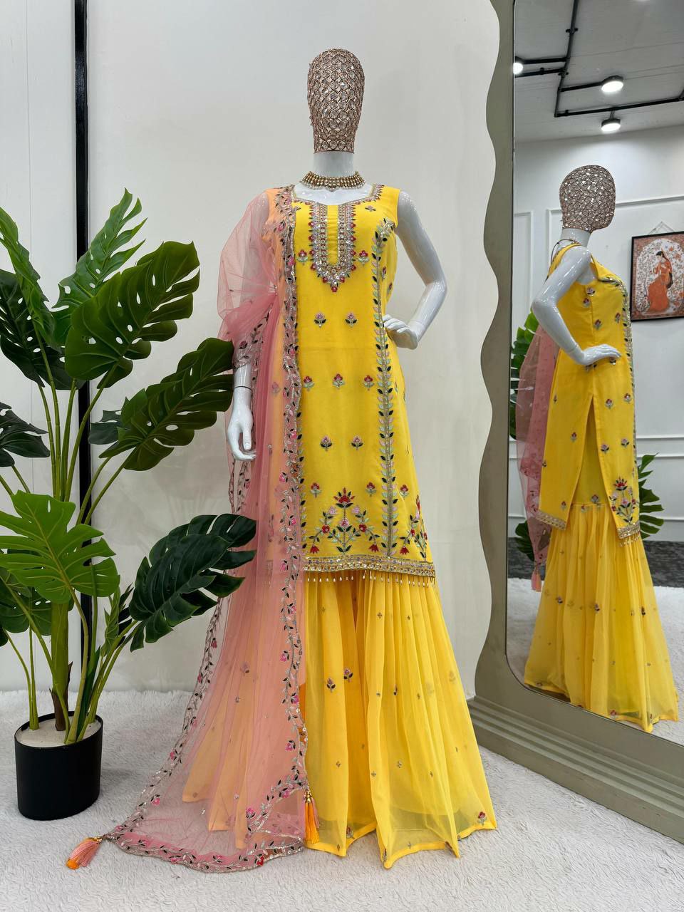 Designer sharara suit set perfect for haldi ceremony                    Foux gorgette 
Inner  : Micro
Work  : thread with Sequnce