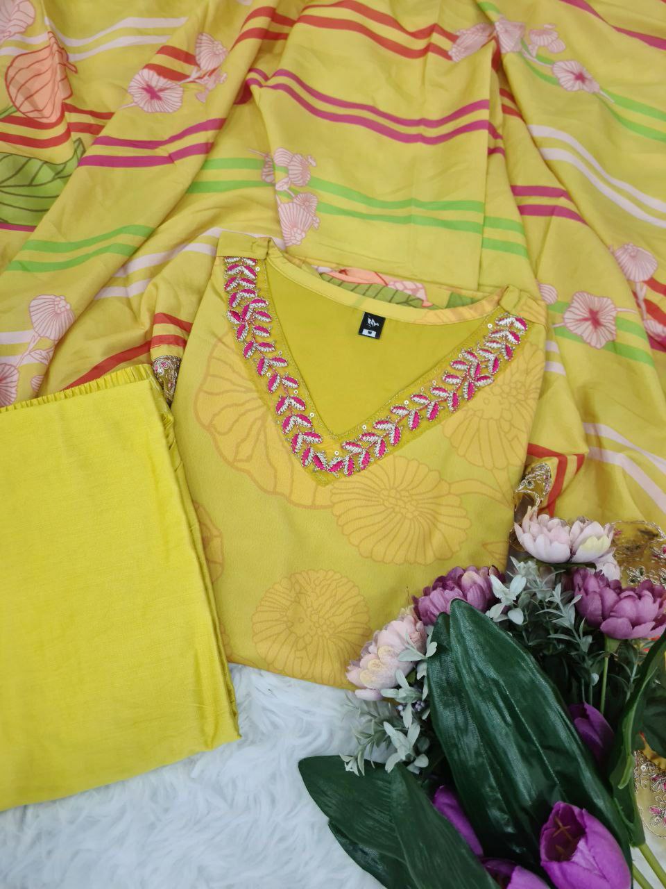 Suti set PURE NATURAL CRAPE WITH SEQUENCE CODING EMBROIDERY WORK
