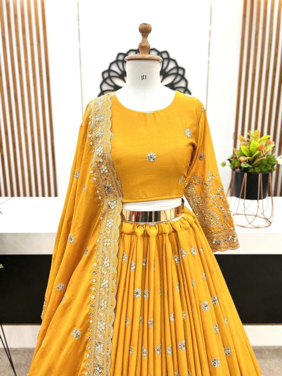 Lehenga Fabric   : Heavy  Chinon Silk With Heavy Embroidery Sequence Work With CanCan Patta
Lehenga Flair :  3 mtr
Lehenga Inner : Micro Cotton
Lehenga Length : 42-43 Inch 
Choli  Fabric : Heavy Chinon Silk With Heavy Embroidery Sequence Work