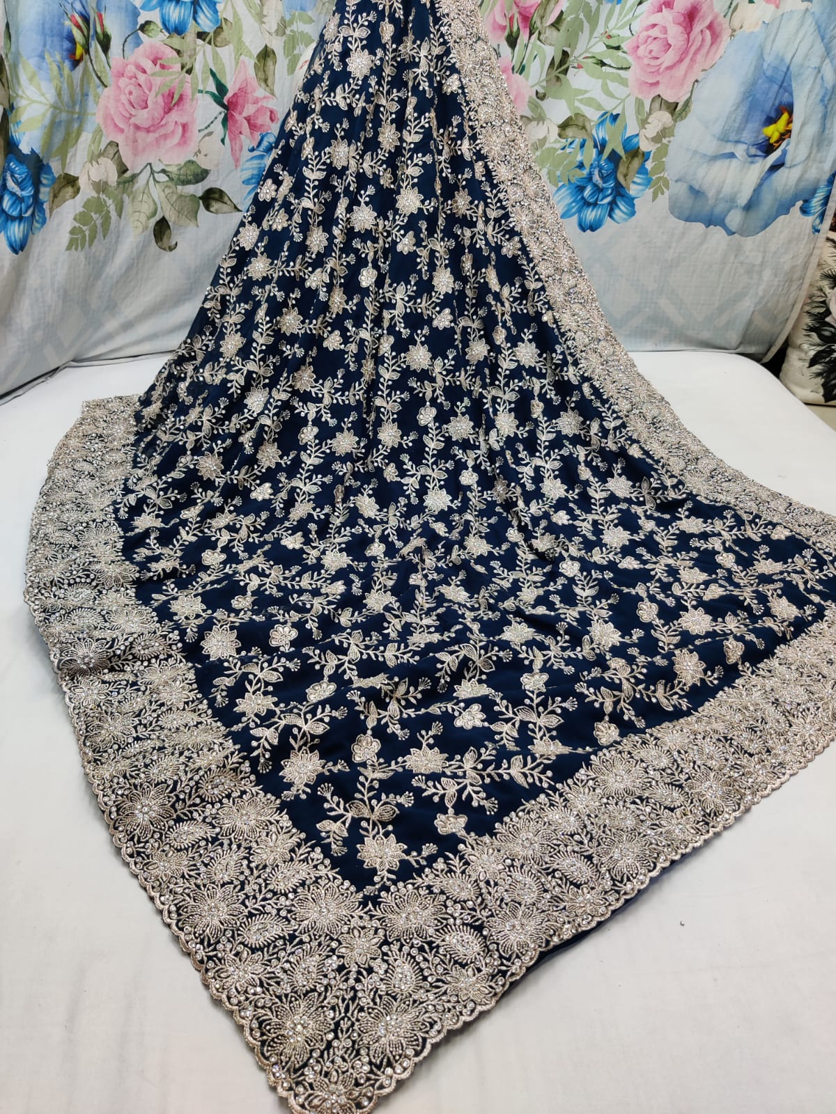 Allover silver jari jall with jarkan stone border on georgette* Saree