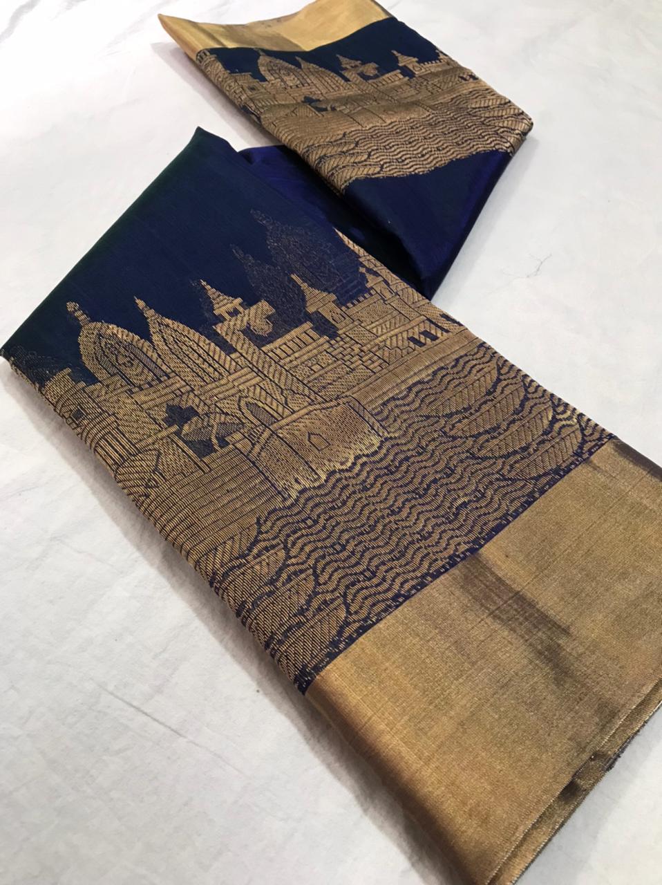 Chanderi pattu silk handborder mandir design saree
