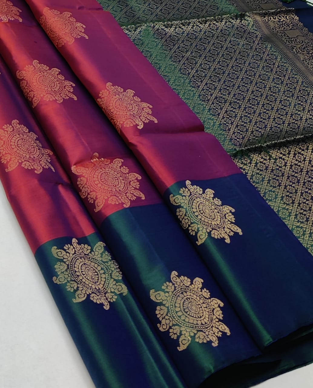Pure handloom Double warp soft silk saree
Fancy design on silk Sarees
Contrast pallu and blouse
Silkmark certified