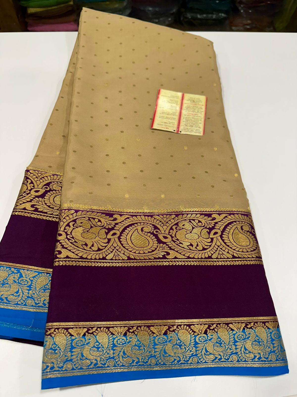 Pure Mysore silk sarees
120 grm thickness  with rich pallu 
Silk mark certified
Big mango n peacock design on border