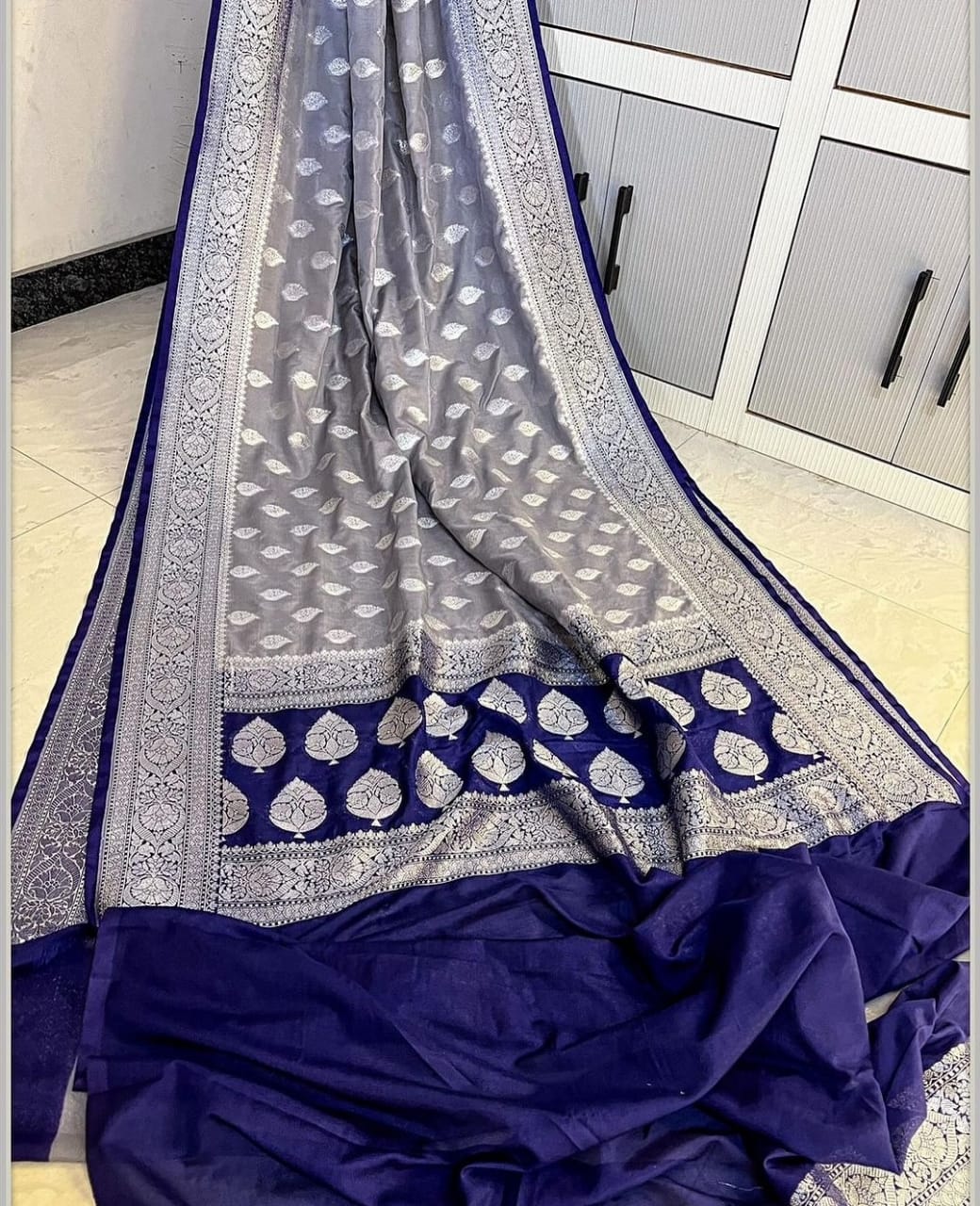Banarasi Georgette Semi Katan 
Sarees Pure Silk Look With Exclusive Silver Zari Woven  Border Butis Body Rich Jacquard Pallu