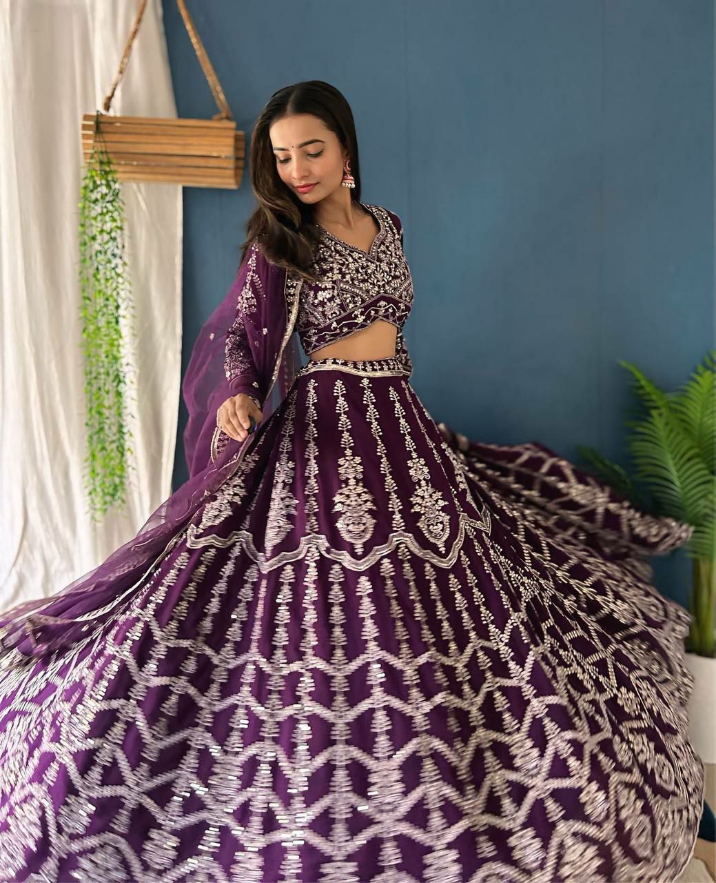 LEHNGA : FAUX GEORGEET WITH EMBROIDERY SEQUENCE DESIGN WORK