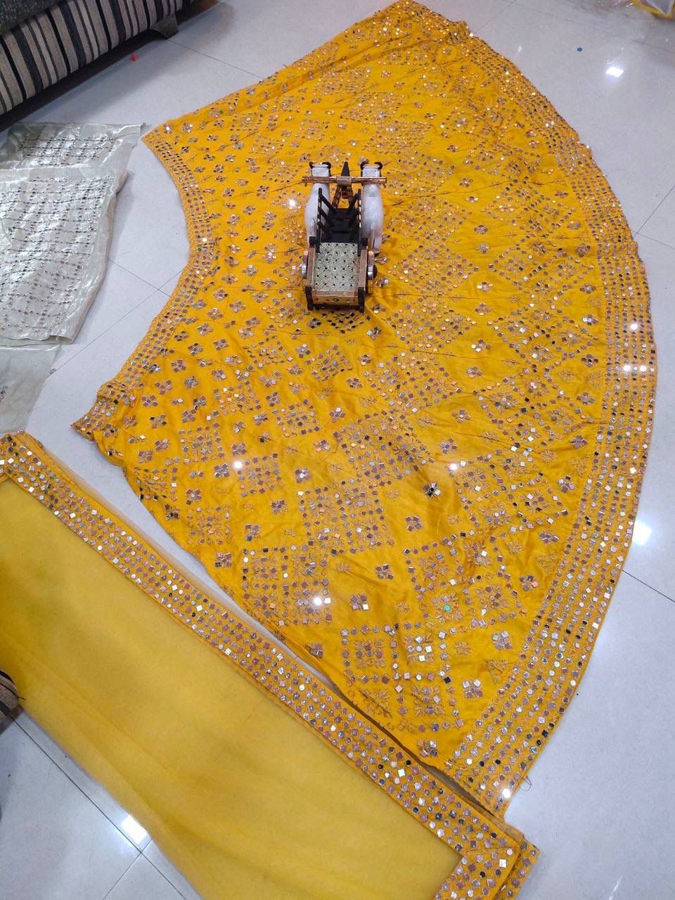 Launching Mono Satin Silk Real Mirror (10000 Mirror) work 3 Meter Flare (12 Kali) Lehenga with Cancan & Canvas Patta*
Lehenga Fabric- Mono Satin Silk*
Lehenga Work -Heavy Real Mirror Embroidery  Work Lehenga