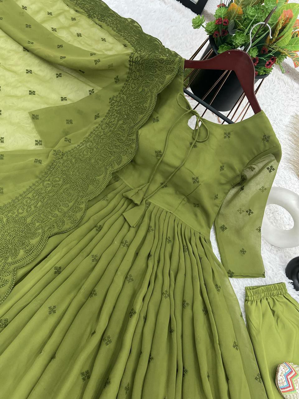 Designer suit set heavy Faux Georgette With Embroidery Work With Fancy Full Sleeve
Top Inner : Heavy Micro Cotton
Top Length:-48-49Inch
Top Size:
 M(38),L(40),Xl(42),XXL(44)
(FULLY STITCHED READY TO WEAR)