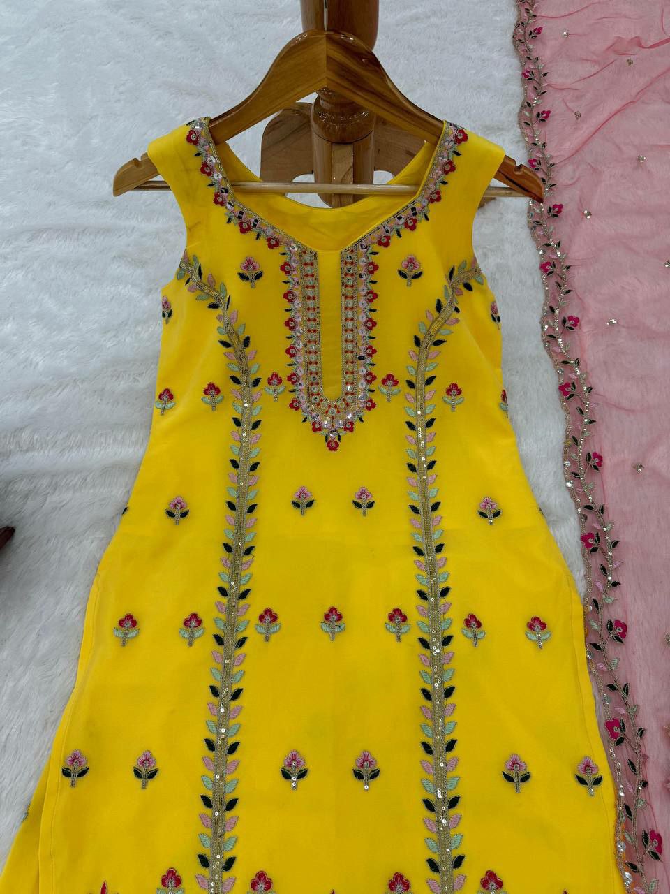 Designer sharara suit set perfect for haldi ceremony                    Foux gorgette 
Inner  : Micro
Work  : thread with Sequnce