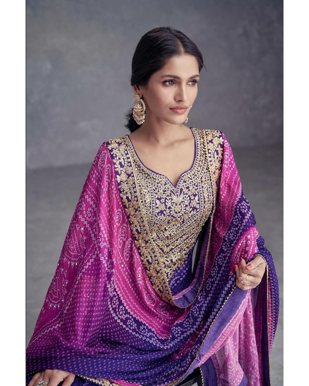 Designer plazo suit set          Heavy Chinon With Digital Print With Embroidery Sequence Work With Heavy With Full Sleeve