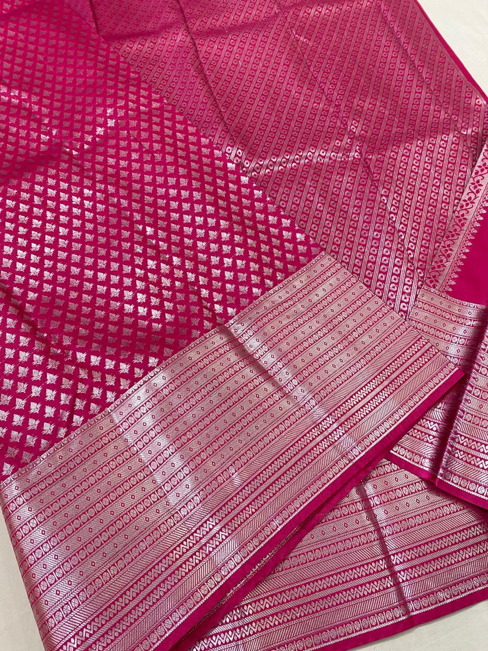 Kanchipuram semi silk sareesbeautiful pink colour and   Silver saree good quality
