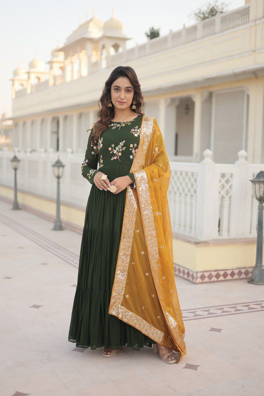 GOWN  set
FABRICS & Work :- Faux Georgette with Embroidered and Multi-Sequins work