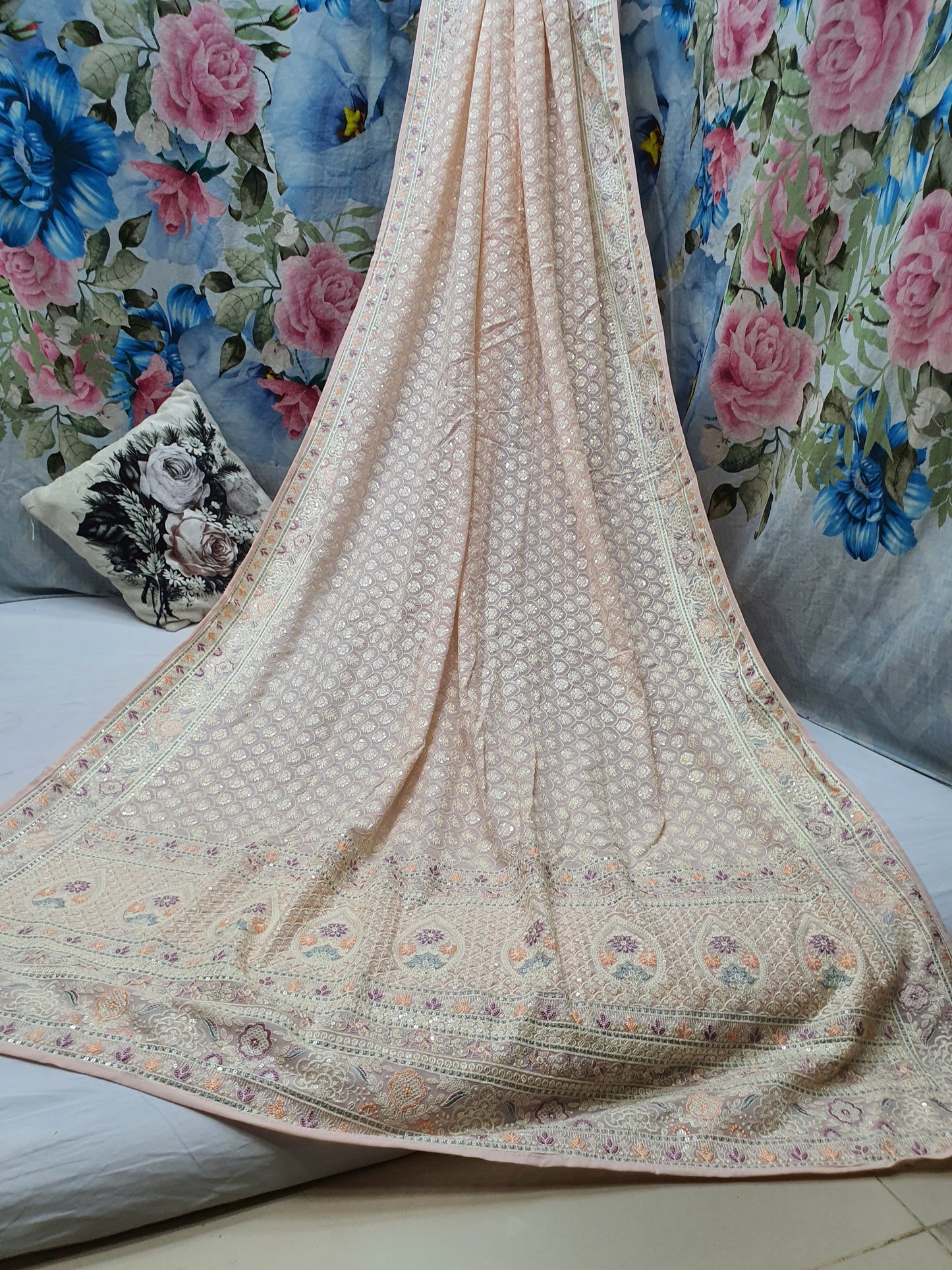 Allover lucknowi chikankari work with parsi work on Georgette*
Saree