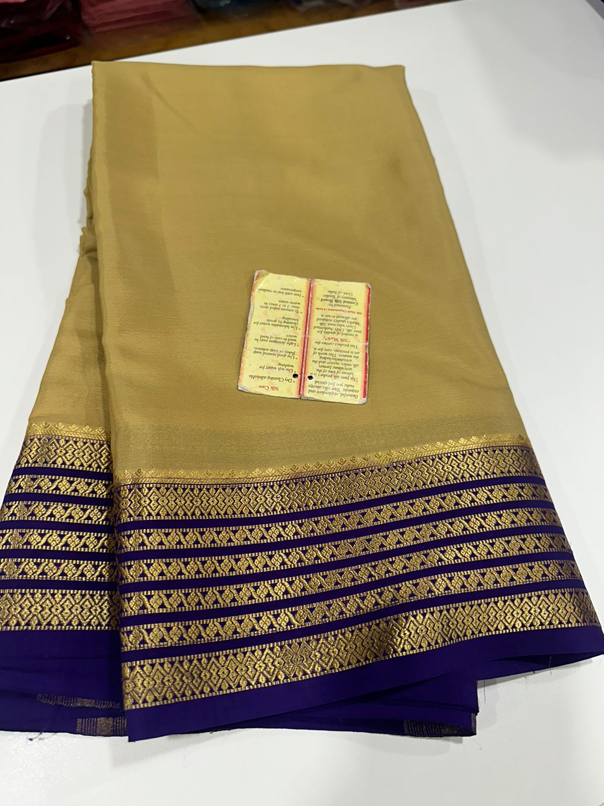 Pure Mysore silk sarees 
110 grm thickness  
Silk mark certified
Traditional lines border mysore silk sarees which comes with beautiful color combination