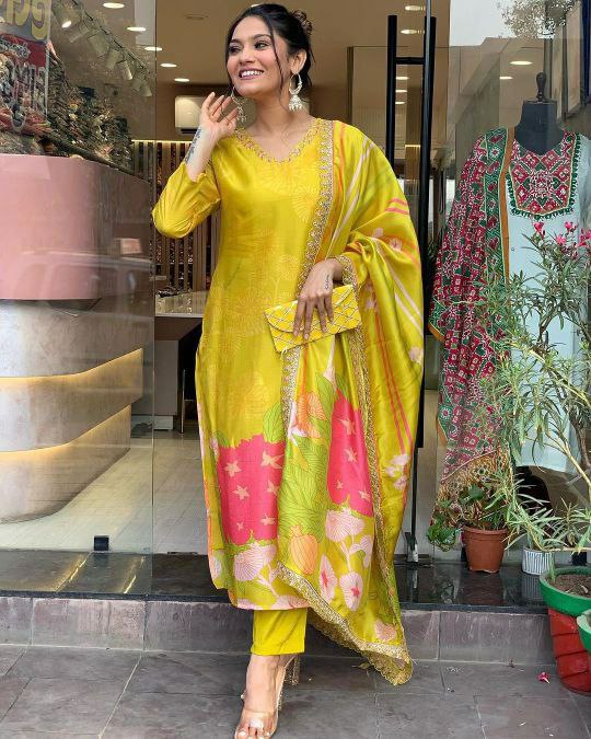 Suti set PURE NATURAL CRAPE WITH SEQUENCE CODING EMBROIDERY WORK