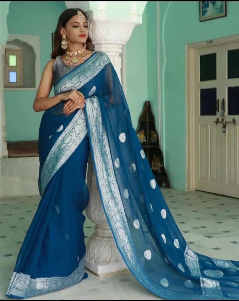 New Banarasi Semi Georgette Sarees
With Silver Zari Buta Good Quality
Banarasi blouse