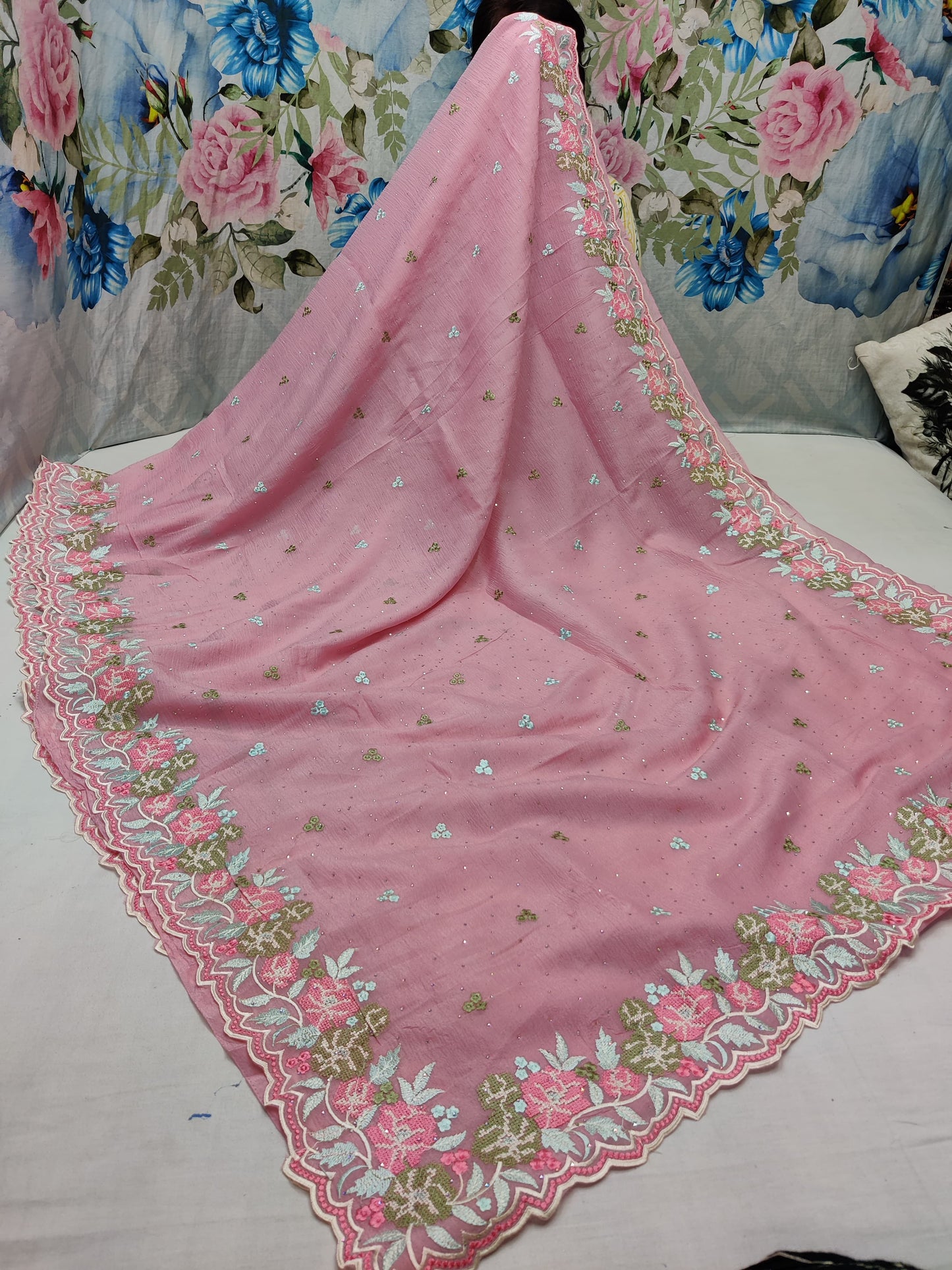 Allover crosstich work border and allover swaroski stone on crush chiffon* 
Saree