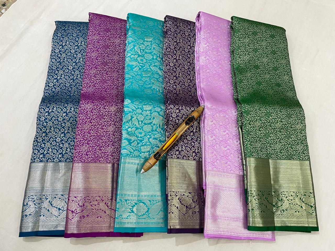 Kanchipuram Handloom pure silk saree
Beautiful fancy Design
silver zari collection beautiful wedding grand  type sarees*