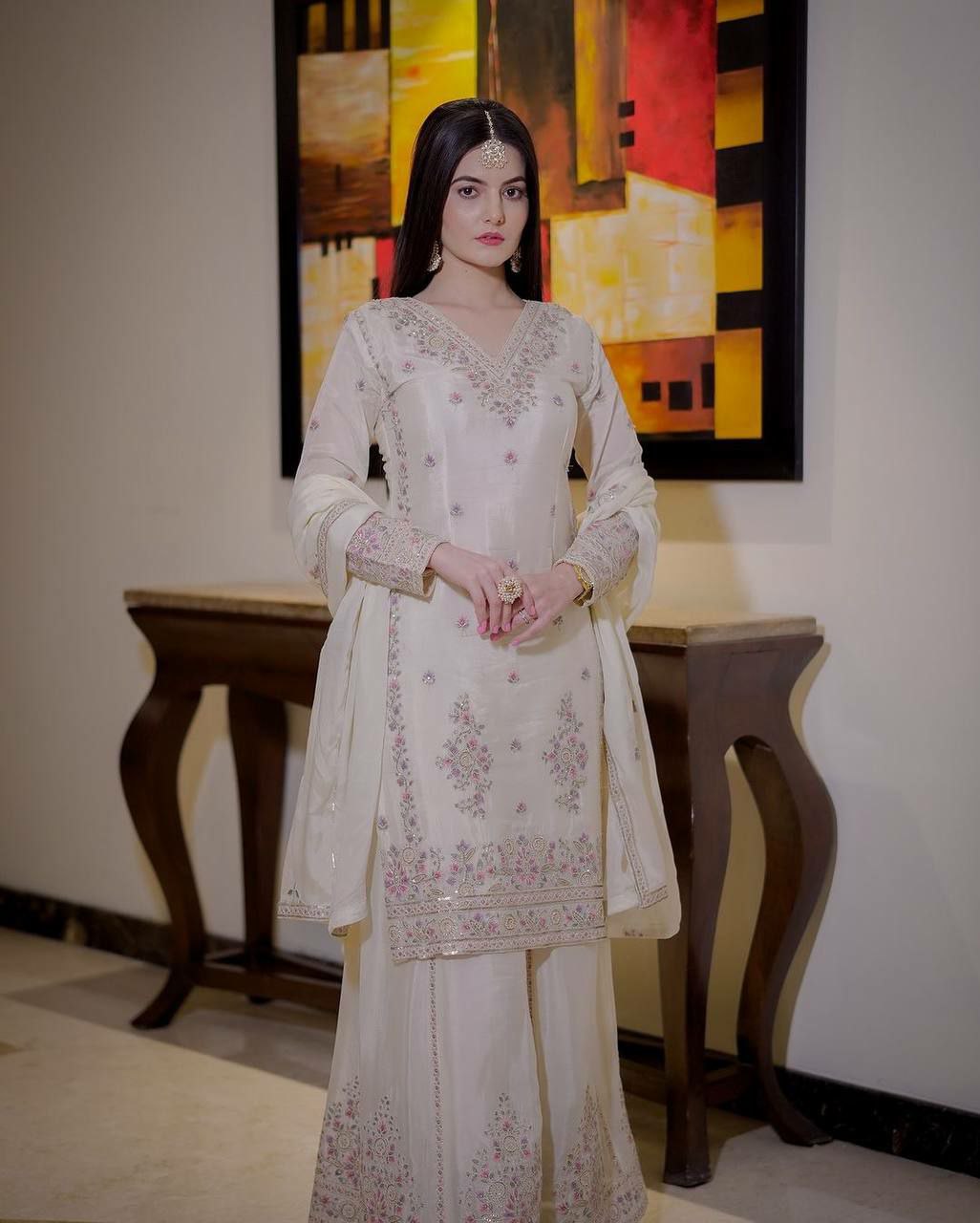 Designe sharara suit set Ready Made Collection Fancy Embroidery And Sequins Work Top - Plazzo With Dupatta
Set
