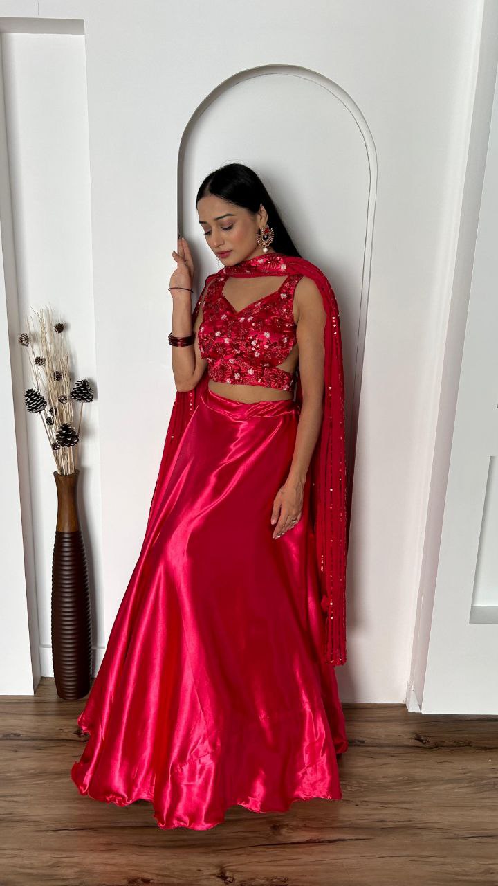 Beautiful lehenga collection Japan satin silk lehnga with 4.75 meter flair 
can can attach
Japan satin silk blouse with Dori , sequins & thread work ( unstitch )
Georgette stitched Duppata with Dori , sequins & thread work