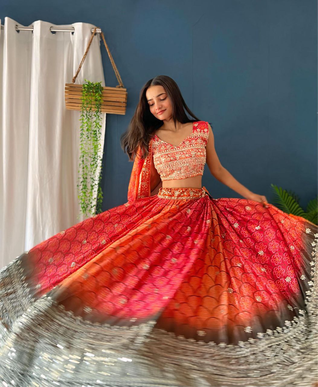 LEHNGA : CHINON SILK WITH DIGITAL PRINT AND EMBROIDERY SEQUENCE DESIGN WORK