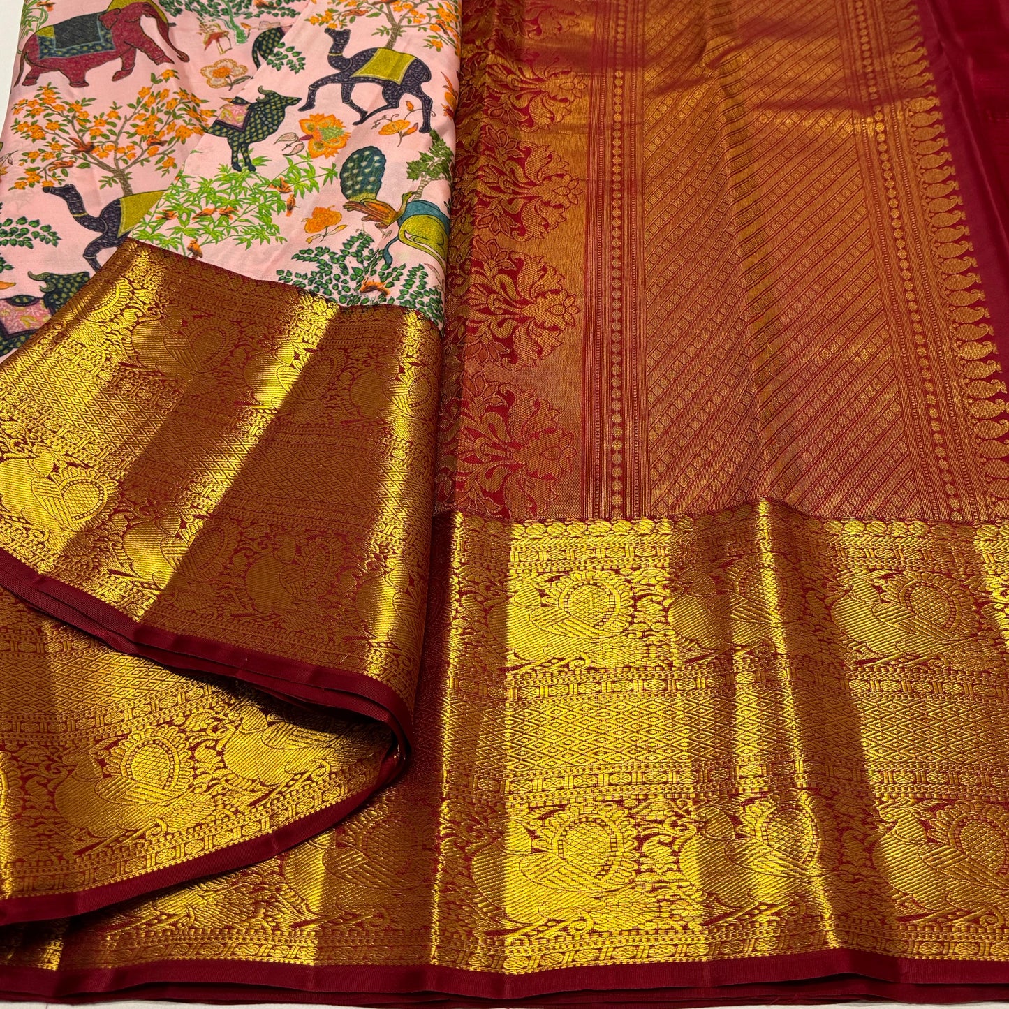 Kanchipuram pure silk handloom double warp contrast grand pallu and blouse *Double side korvai digital print bridal
SILK MARK TAG WITH HOLOGRAM*