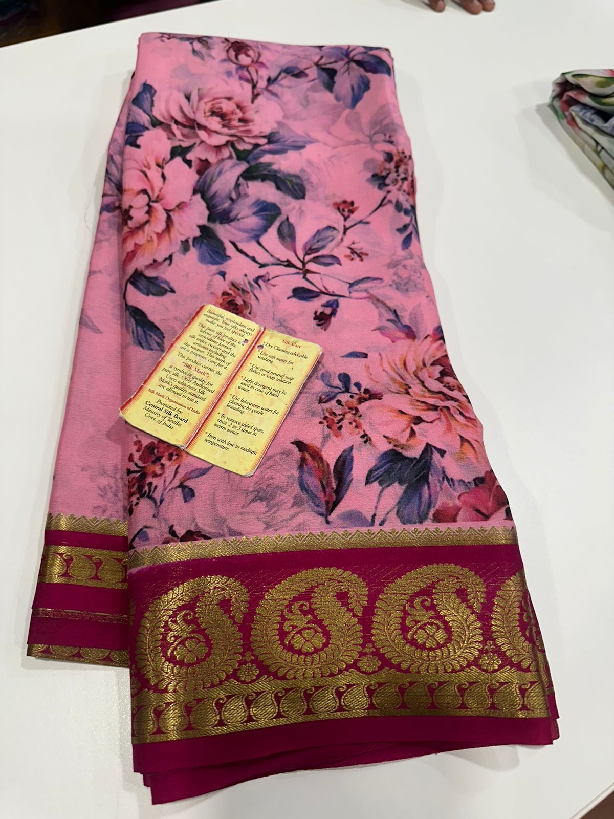 Pure Mysore silk saree
Silk mark certification 
75  grm  thickness 
Comes with contrast  blouse piece 
digital prints Printed Mysore silk sarees with heavy quality