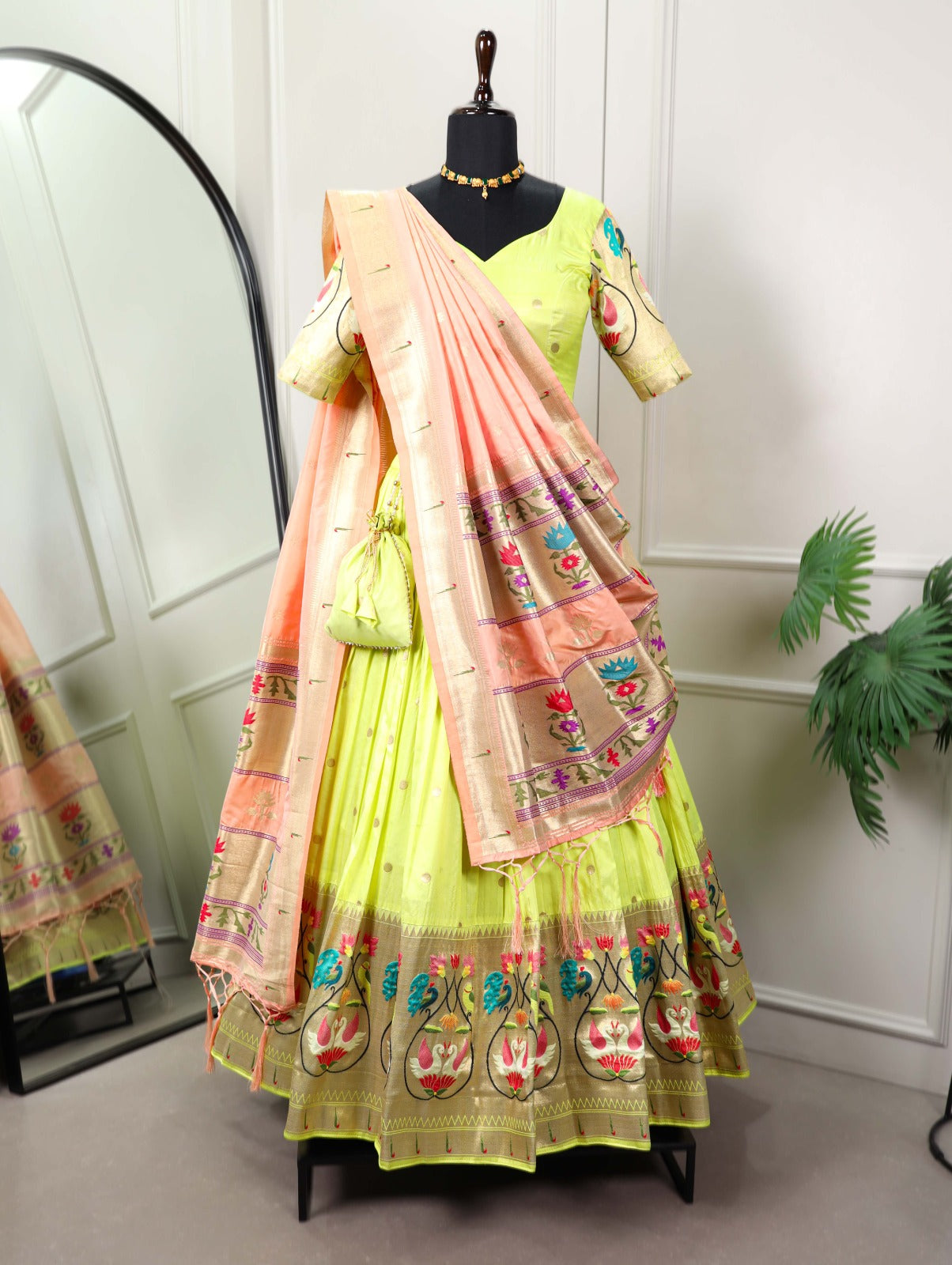 Paithani collection 
In the midst of modern trends, the Parrot Paithani lehenga choli stands as a beacon of tradition, reminding us of the beauty found in our roots💚.