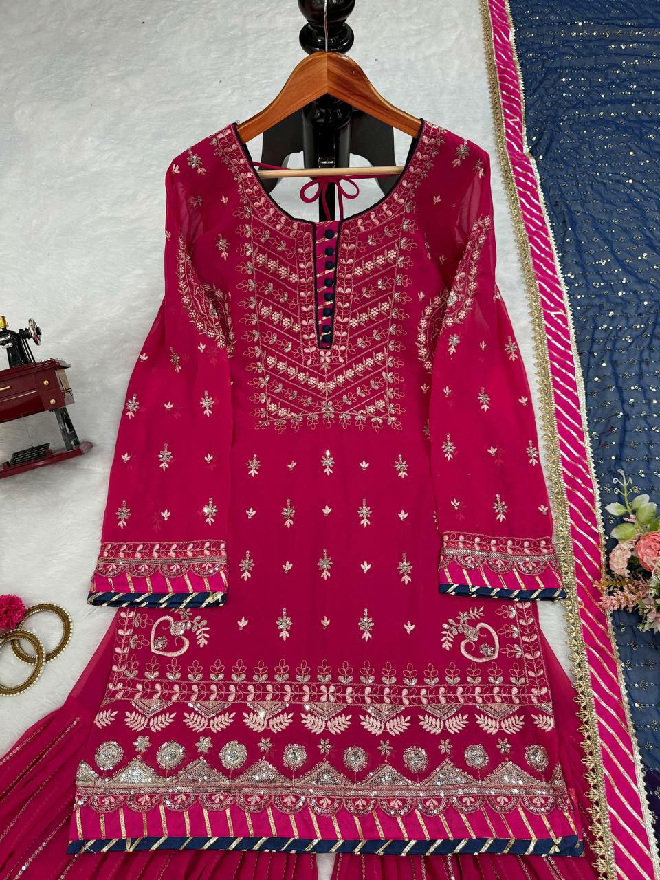 Perfect bridal sharara suit set Fabric :  Foux gorgette 
Inner  : Micro
Work   : thread with Sequnce  
Stich    : M(38),L(40),XL(42) with xxl margin