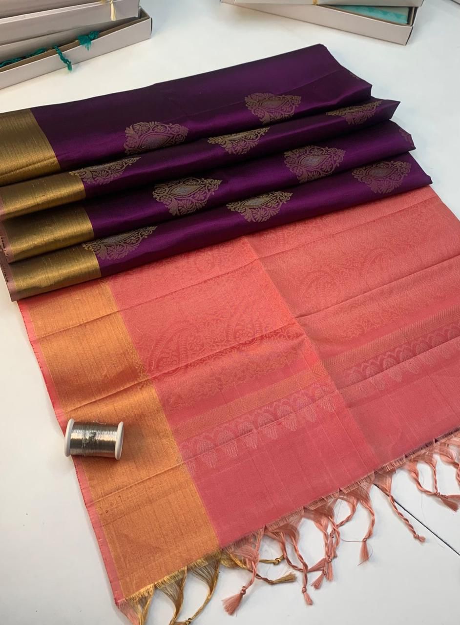 Pure handloom borderless ,jari border design Double warp soft silk sarees collections ..with contrast Pallu and blouse