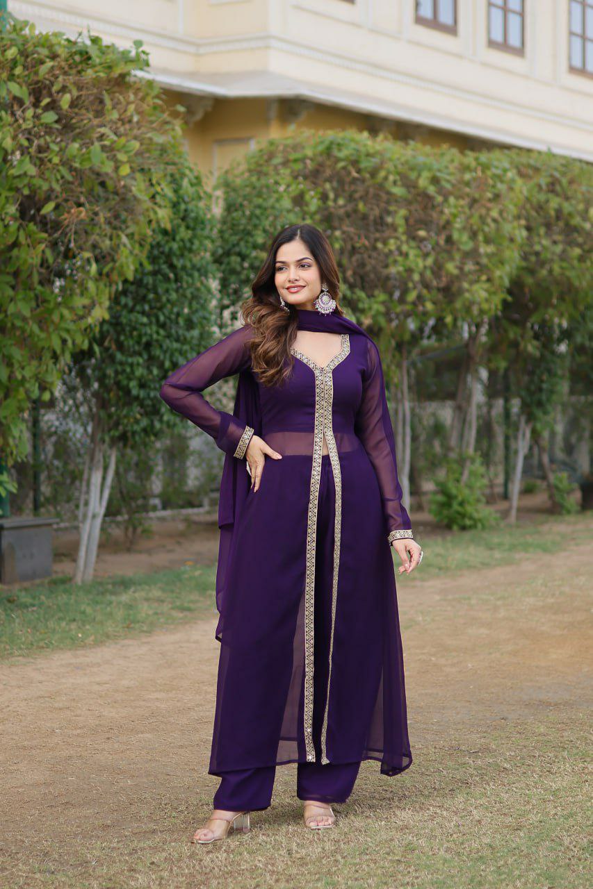 Fancy suit set                        FABRIC & WORK :- Faux Blooming With Embroidered Work