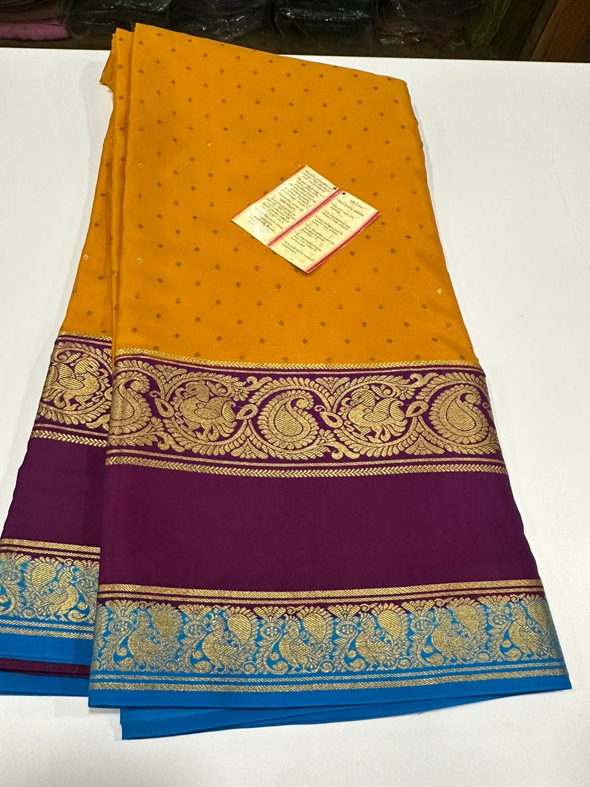 Pure Mysore silk sarees
120 grm thickness  with rich pallu 
Silk mark certified
Big mango n peacock design on border