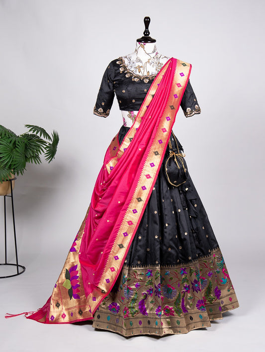 Paithani Lehenga choli
Mesmerizing jacquard Silk lehenga and handwork blouse with stunning colours is true traditional craftmanship.