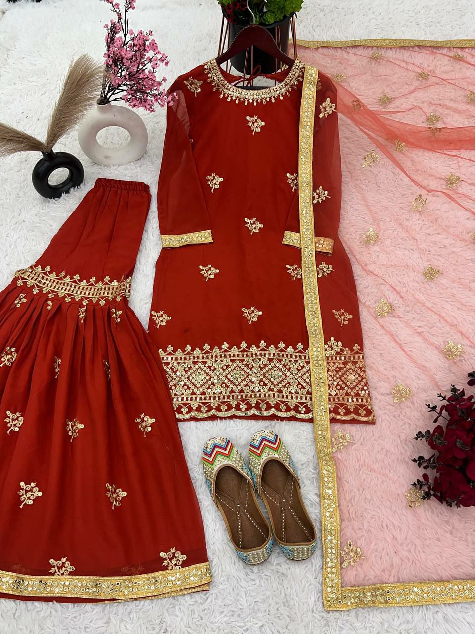 Plazzo suit set Top Fabric : Heavy Faux Georgette With 5mm Embroidery Sequence Work With Full Sleeve
Top Inner  : Heavy Micro Cotton 
Top Length      : 38-39 Inch
Top Size           :      M(38),L(40),XL(42),XXL(44)
(FULLY STITCHING