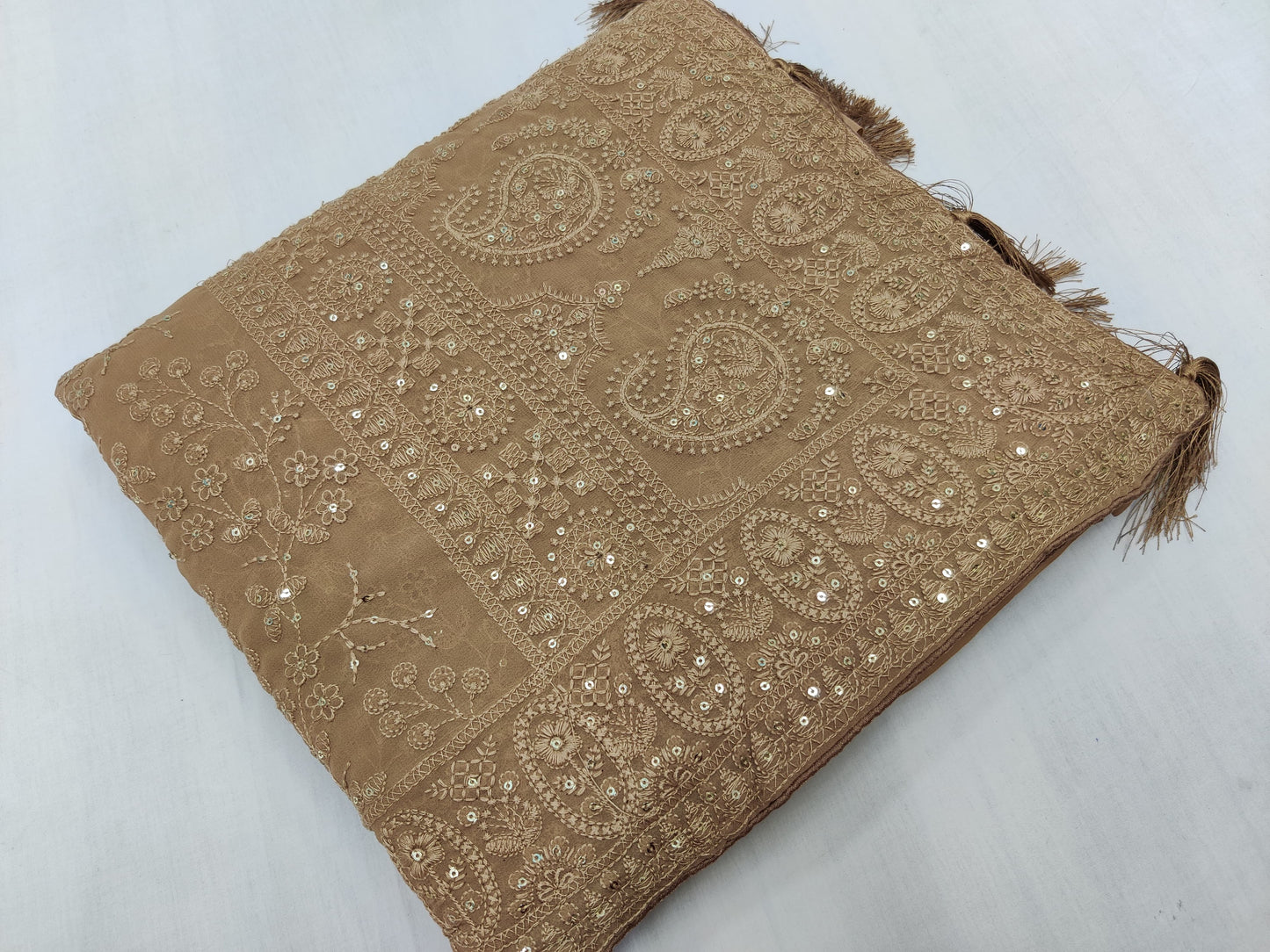 ALLOVER TONE TO TONE LUCKNOWI CHIKANKARI SAREE WITH SEQUENCE WORK ON GEORGETTE saree