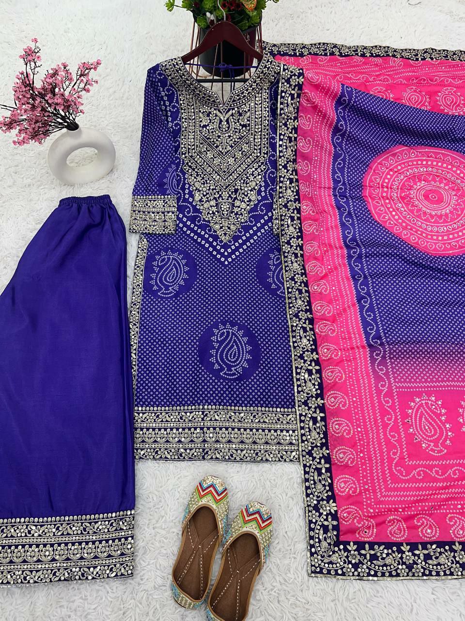 Designer plazo suit set          Heavy Chinon With Digital Print With Embroidery Sequence Work With Heavy With Full Sleeve