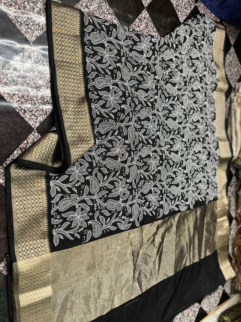 Banarasi Kora Organza Silk Sarees Very Good Quality With Very Beautiful Embroidery Chickenkari Work Weaving Design Border