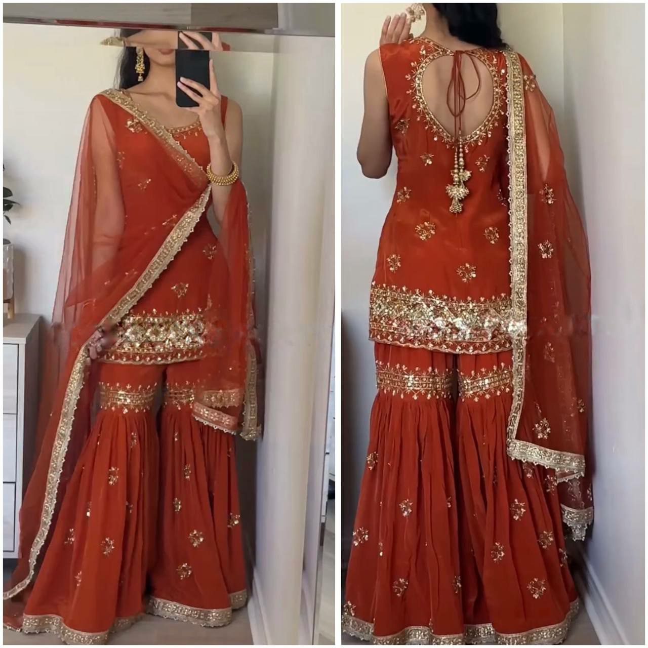 Plazzo suit set Top Fabric : Heavy Faux Georgette With 5mm Embroidery Sequence Work With Full Sleeve
Top Inner  : Heavy Micro Cotton 
Top Length      : 38-39 Inch
Top Size           :      M(38),L(40),XL(42),XXL(44)
(FULLY STITCHING