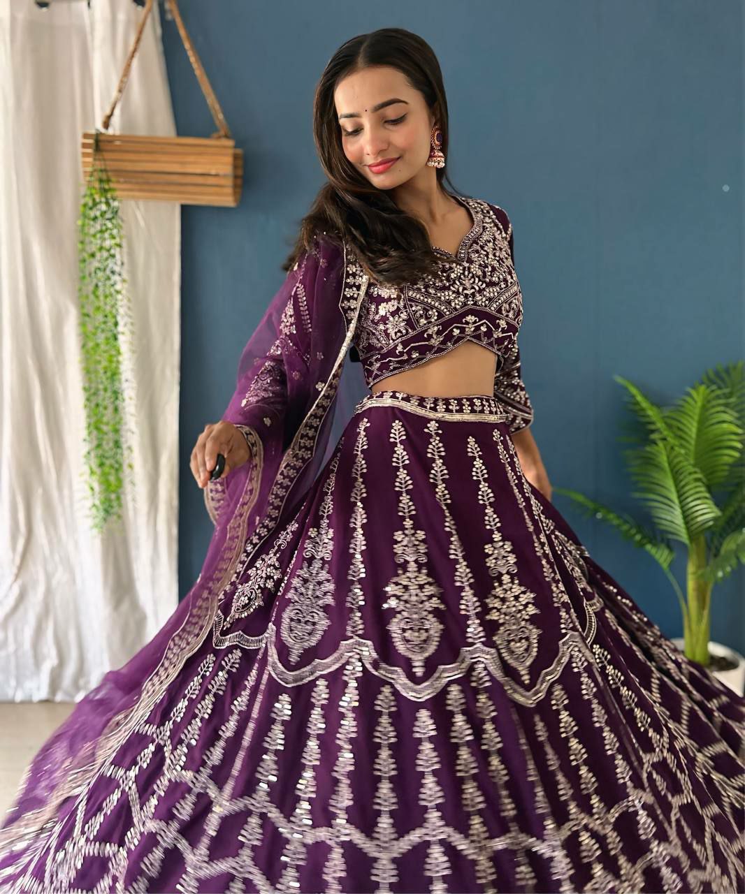 LEHNGA : FAUX GEORGEET WITH EMBROIDERY SEQUENCE DESIGN WORK
