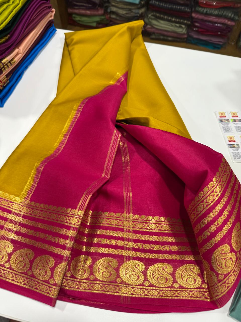 Pure Mysore silk sarees 
75 grm thickness Traditional  border Mysore silk sarees with all beautiful self colour big mango traditional