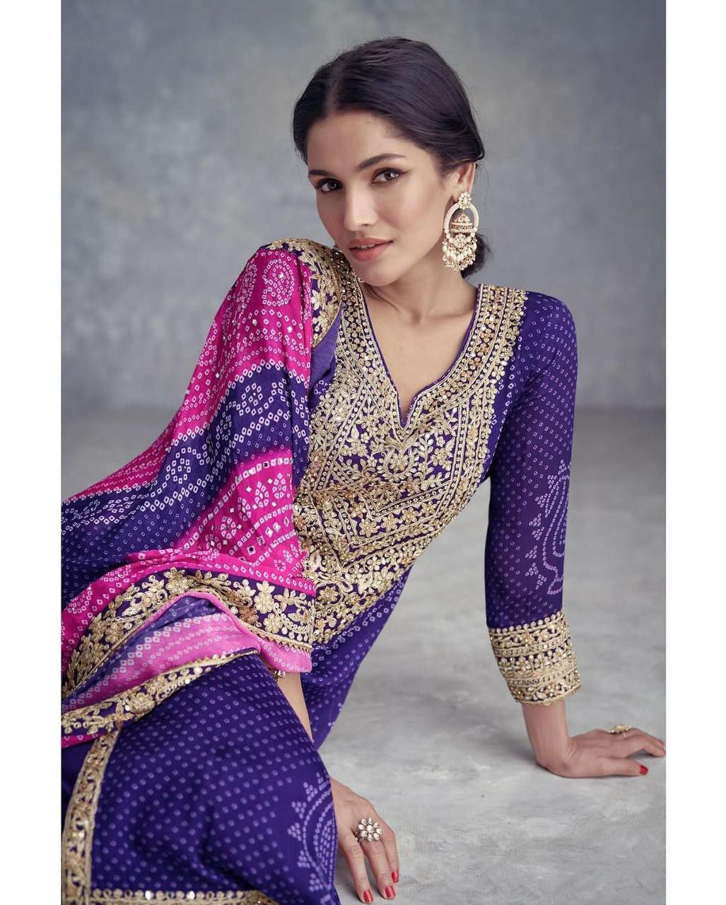 Designer plazo suit set          Heavy Chinon With Digital Print With Embroidery Sequence Work With Heavy With Full Sleeve