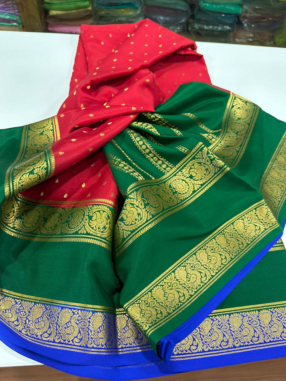 Pure Mysore silk sarees
120 grm thickness  with rich pallu 
Silk mark certified
Big mango n peacock design on border