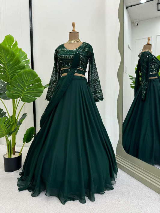 Fancy lehenga choli.       Lehengha details
Fabric  Foux gorgette 
Size  Up to 44
INNER.: Micro
Lehengha Type : Semi-Stitch