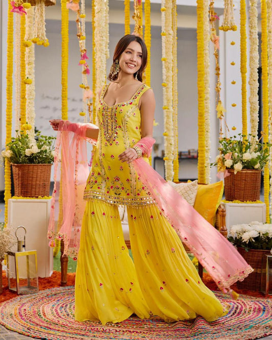 Designer sharara suit set perfect for haldi ceremony                    Foux gorgette 
Inner  : Micro
Work  : thread with Sequnce