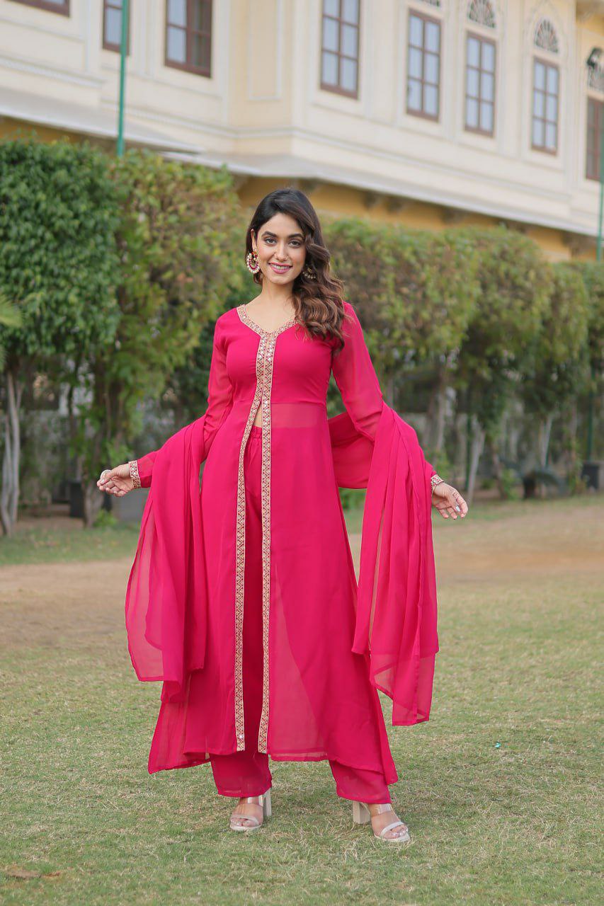 Fancy suit set                        FABRIC & WORK :- Faux Blooming With Embroidered Work