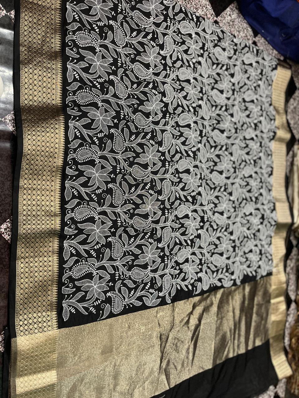 Banarasi Kora Organza Silk Sarees Very Good Quality With Very Beautiful Embroidery Chickenkari Work Weaving Design Border