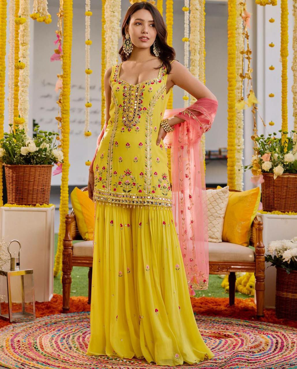 Designer sharara suit set perfect for haldi ceremony                    Foux gorgette 
Inner  : Micro
Work  : thread with Sequnce