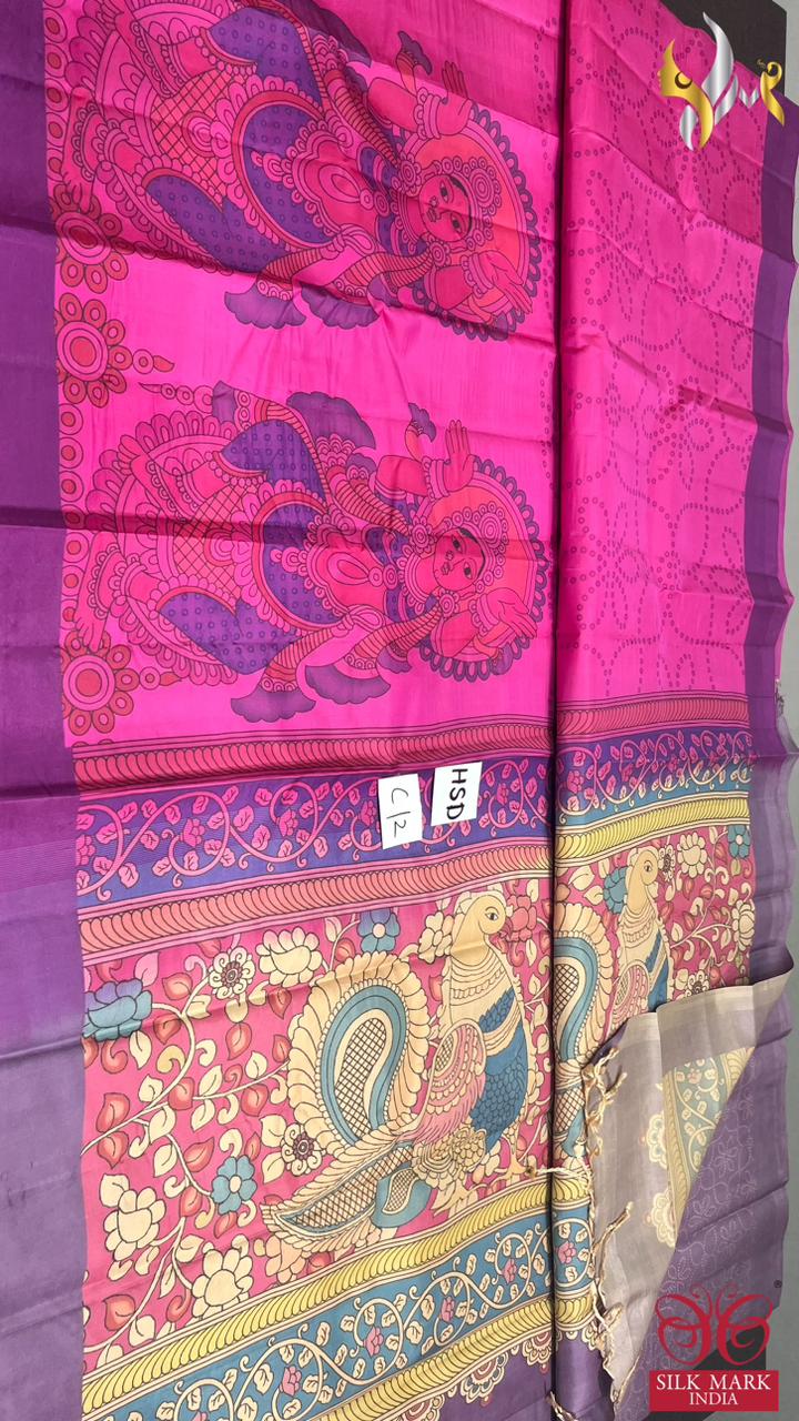 Original kanchipuram handloom silk  exclusive  TRADITIONAL  DESIGN KALAMKARI/PICHWAI design DIGITAL PRINTED Softsilk sarees*