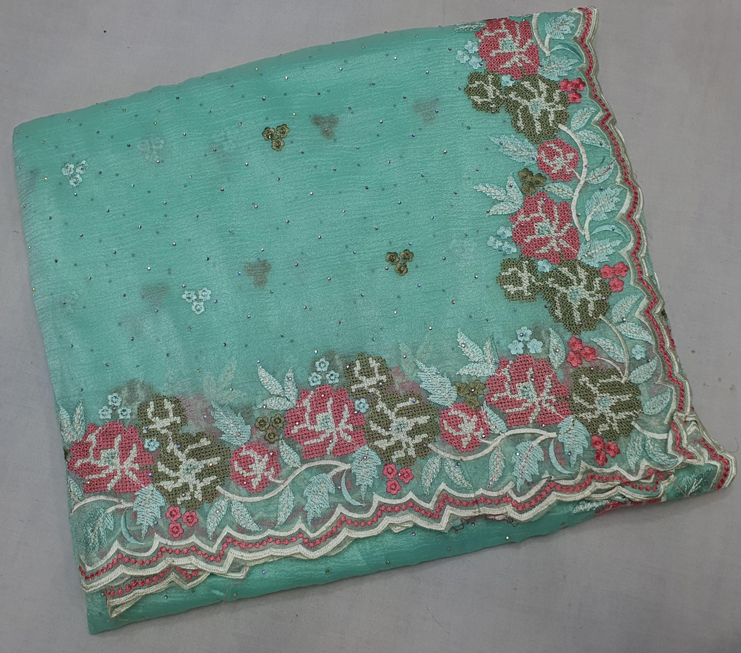Allover crosstich work border and allover swaroski stone on crush chiffon* 
Saree