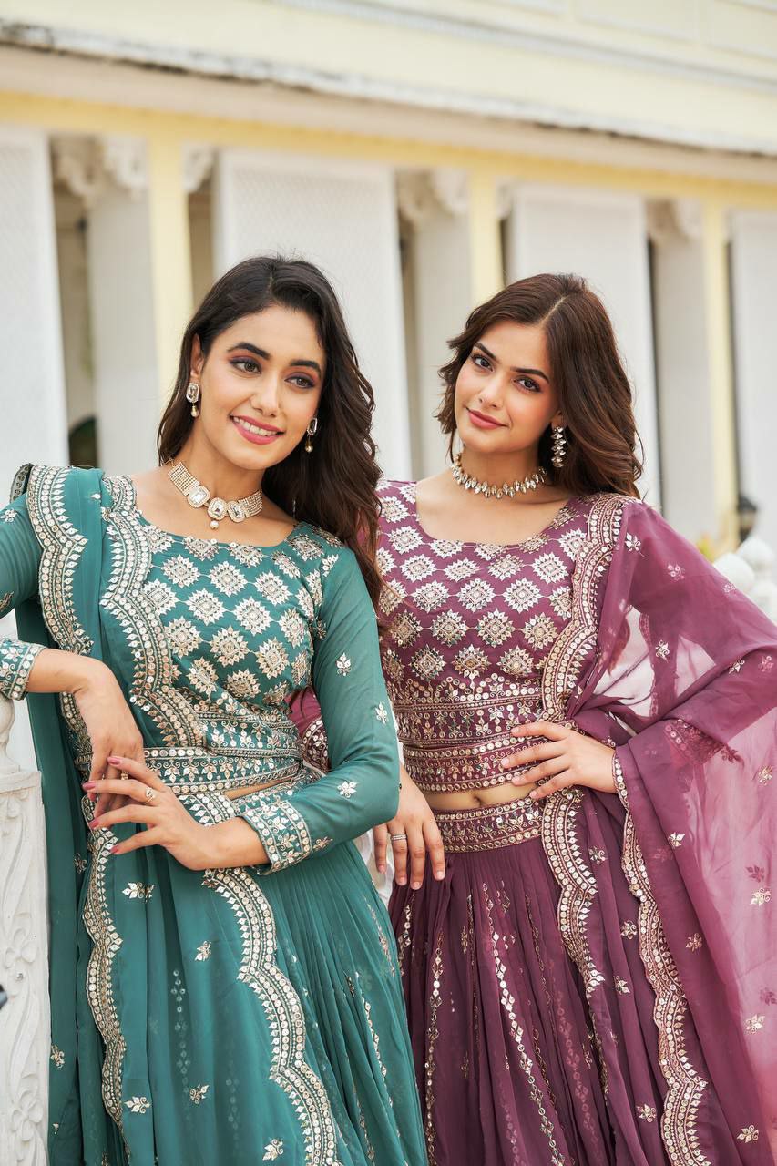 Perfect functions Lengha Choli
Fabric: Fox Georgette 
Work:-Heavy 7mm Sequence Work