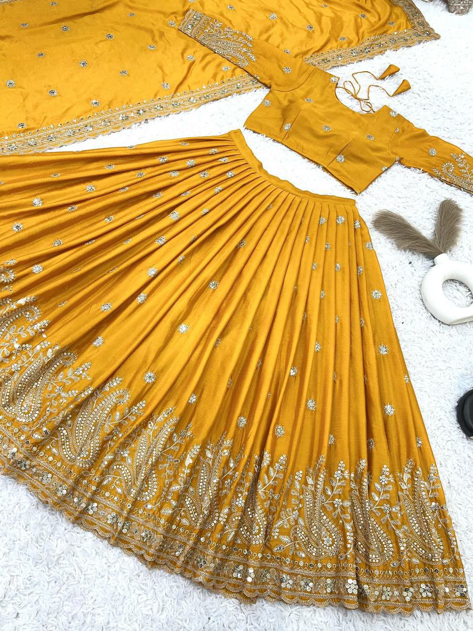 Lehenga Fabric   : Heavy  Chinon Silk With Heavy Embroidery Sequence Work With CanCan Patta
Lehenga Flair :  3 mtr
Lehenga Inner : Micro Cotton
Lehenga Length : 42-43 Inch 
Choli  Fabric : Heavy Chinon Silk With Heavy Embroidery Sequence Work